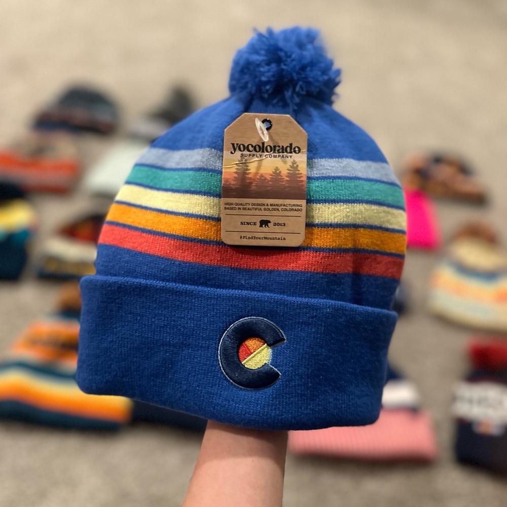 NWT Colorado Blue Beanie with Rainbow Stripes